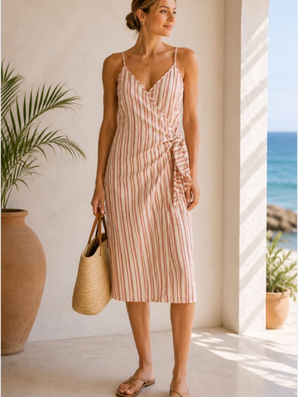 REVOLVE FAITHFUL THE BRAND Camaya Striped Linen Spaghetti Strap Wrap Midi Dress